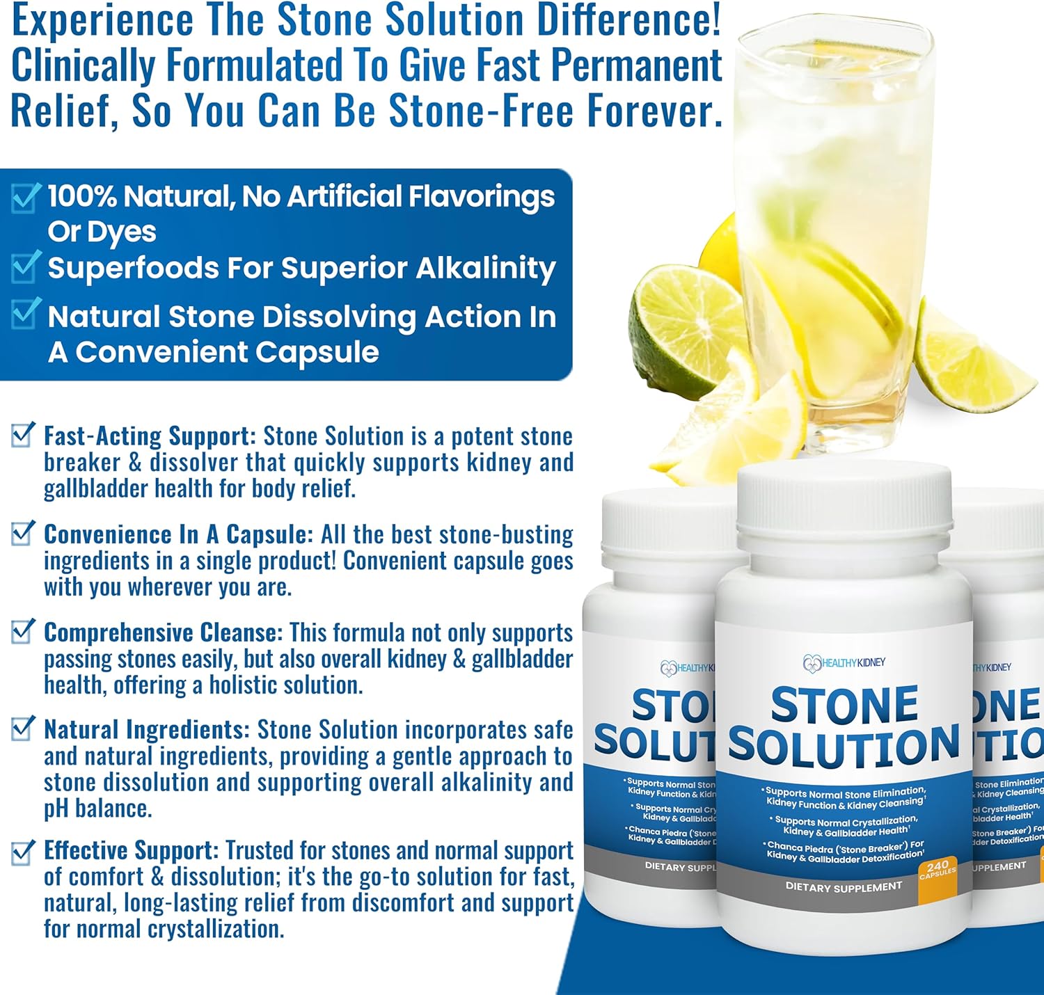 Natural Kidney Stone Solution Capsules - Stone Dissolver & Cleanser with Chanca Piedra for Gallbladder Support - 60 Servings