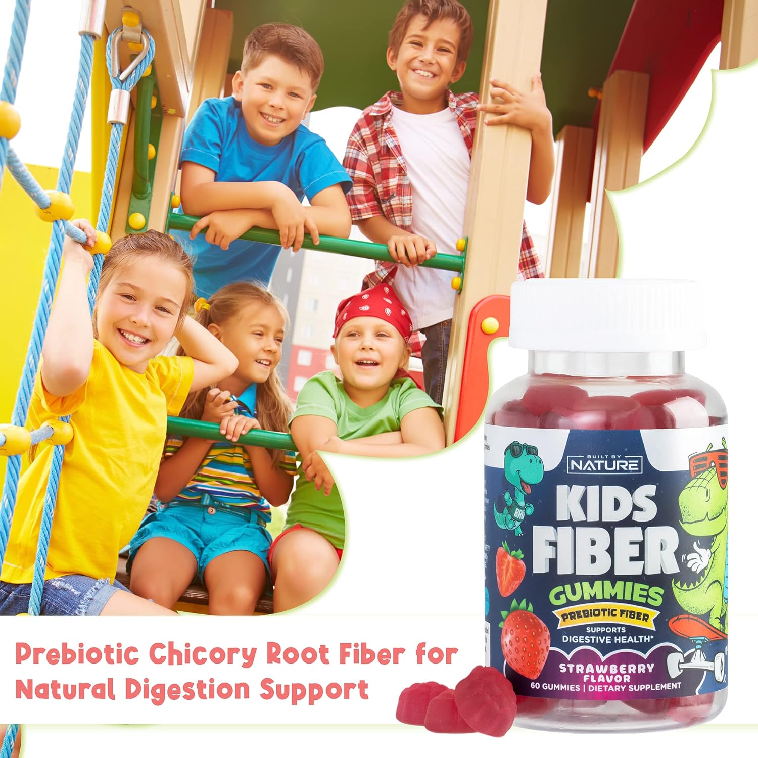 Natural Kids Fiber Gummies with Chicory Root, Non-GMO Digestive Health Supplement, Prebiotic Fiber for Children, Strawberry Flavor - 60 Gummies