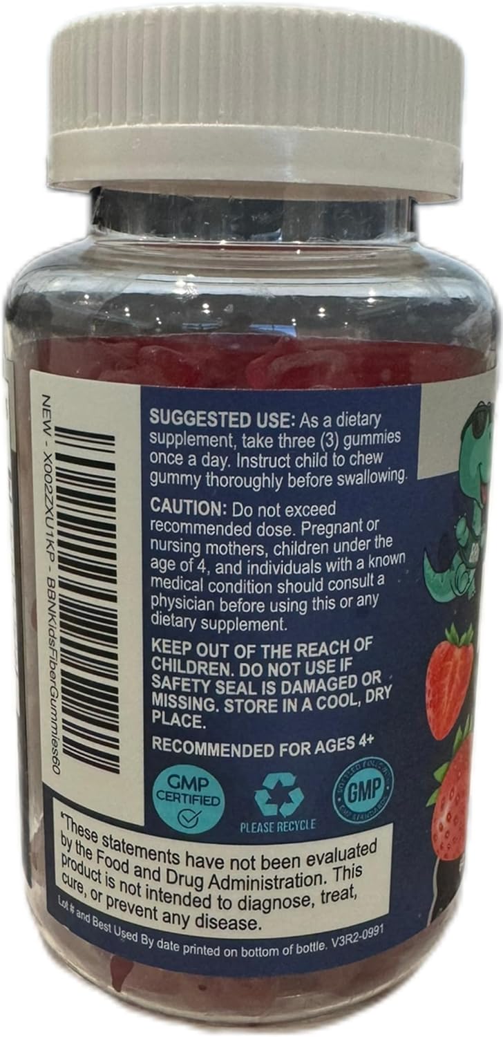 Natural Kids Fiber Gummies with Chicory Root, Non-GMO Digestive Health Supplement, Prebiotic Fiber for Children, Strawberry Flavor - 60 Gummies