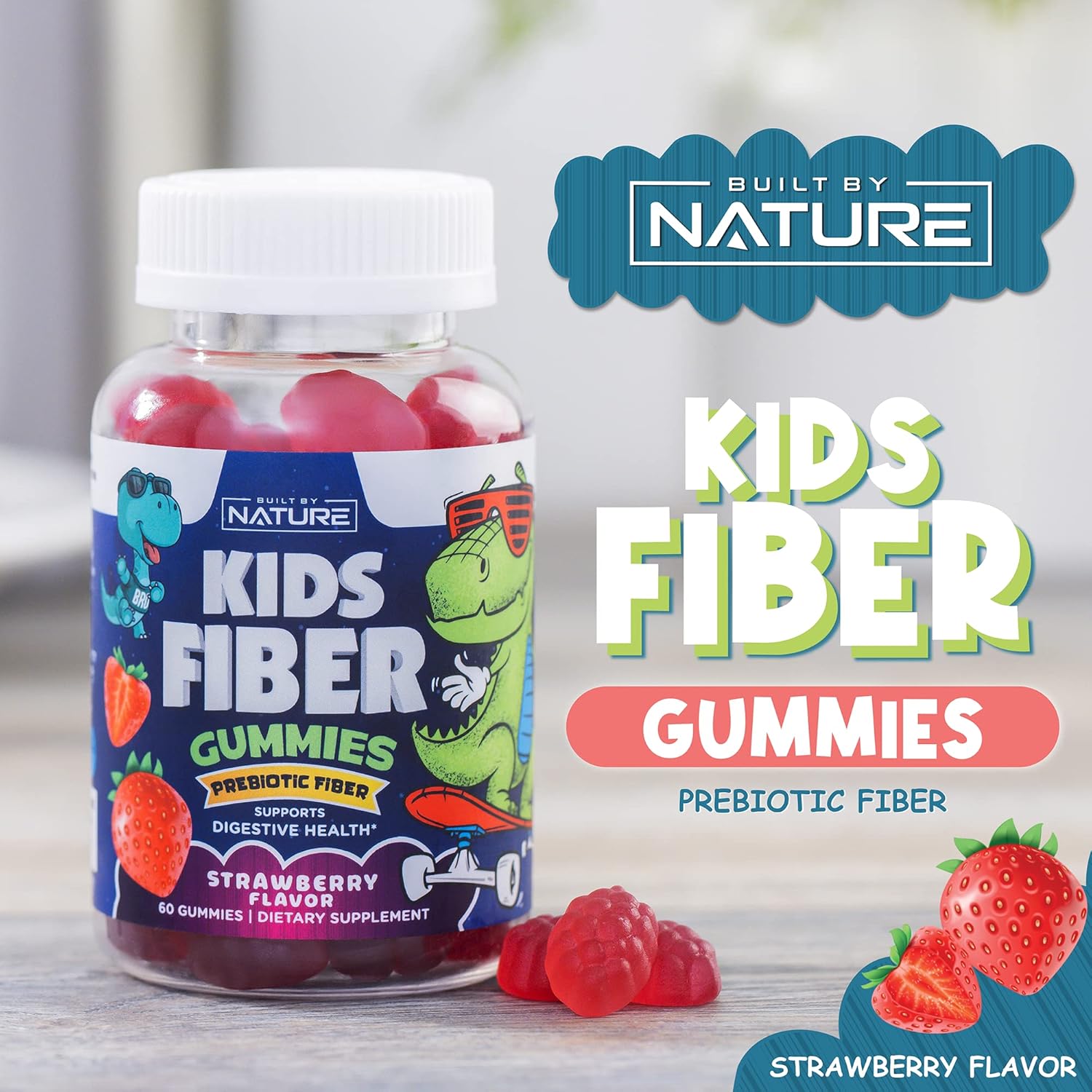 Natural Kids Fiber Gummies with Chicory Root, Non-GMO Digestive Health Supplement, Prebiotic Fiber for Children, Strawberry Flavor - 60 Gummies