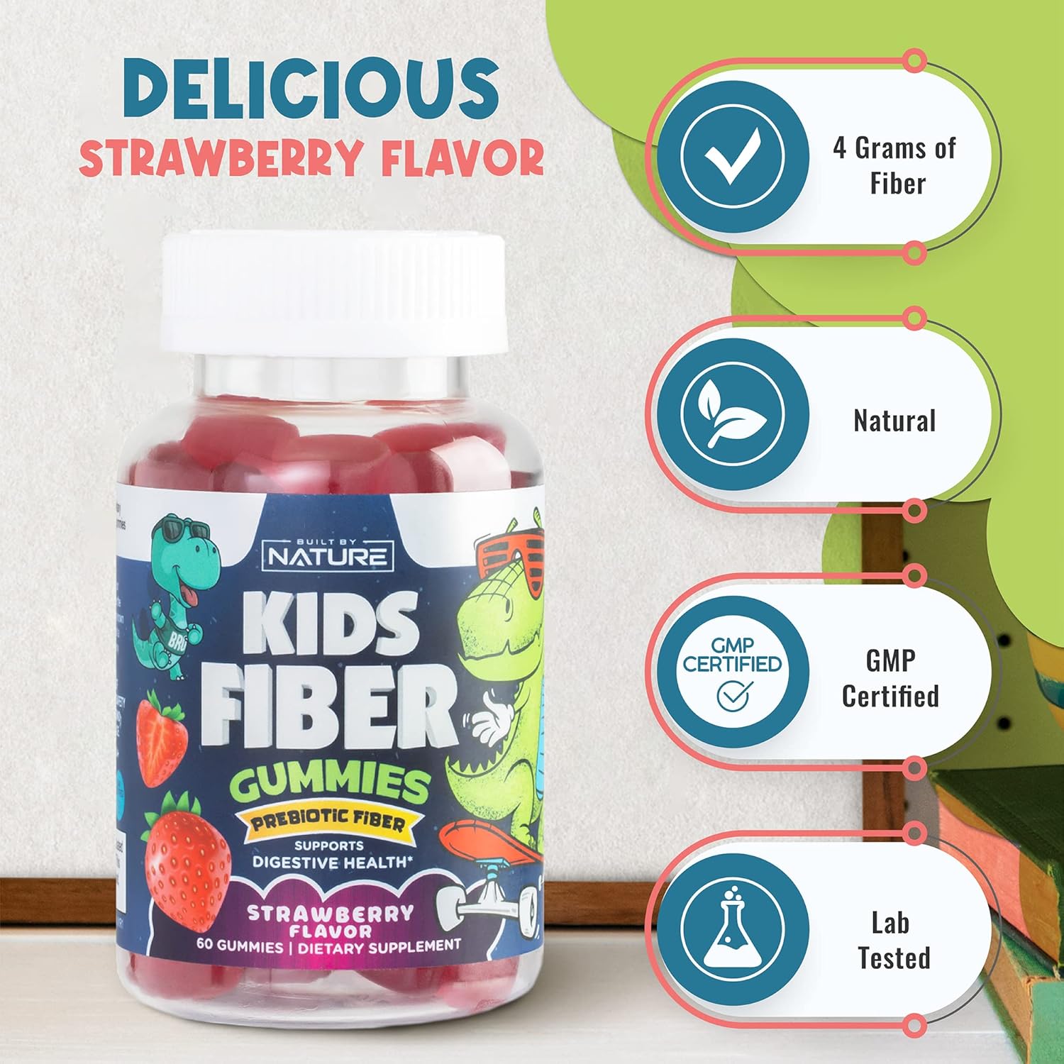 Natural Kids Fiber Gummies with Chicory Root, Non-GMO Digestive Health Supplement, Prebiotic Fiber for Children, Strawberry Flavor - 60 Gummies