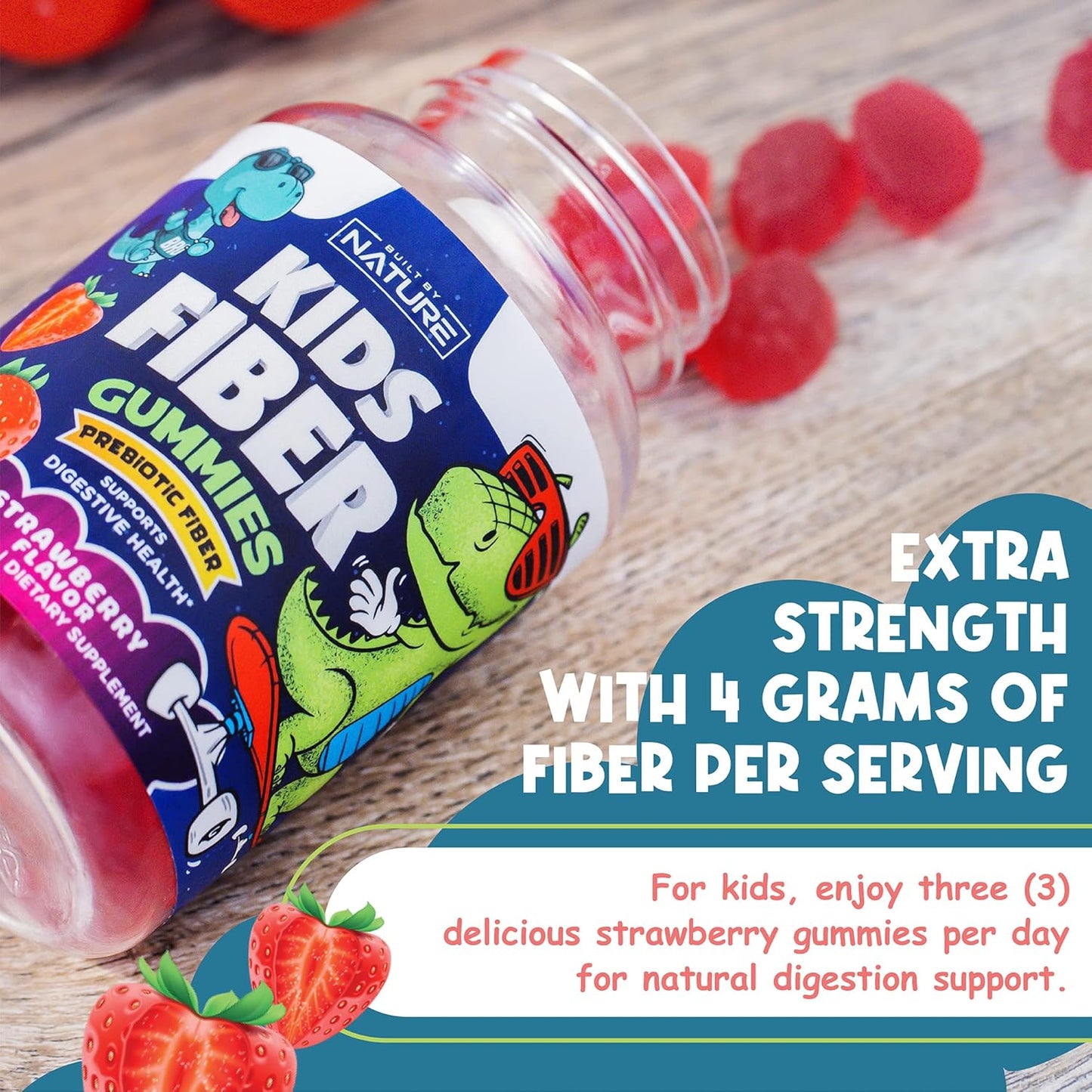 Natural Kids Fiber Gummies with Chicory Root, Non-GMO Digestive Health Supplement, Prebiotic Fiber for Children, Strawberry Flavor - 60 Gummies