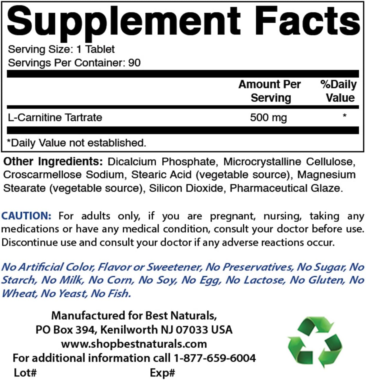 Natural L-Carnitine Tartrate 500mg Tablets - 270 Count (3 Pack) - Top Quality Supplement for Energy Boost and Weight Management