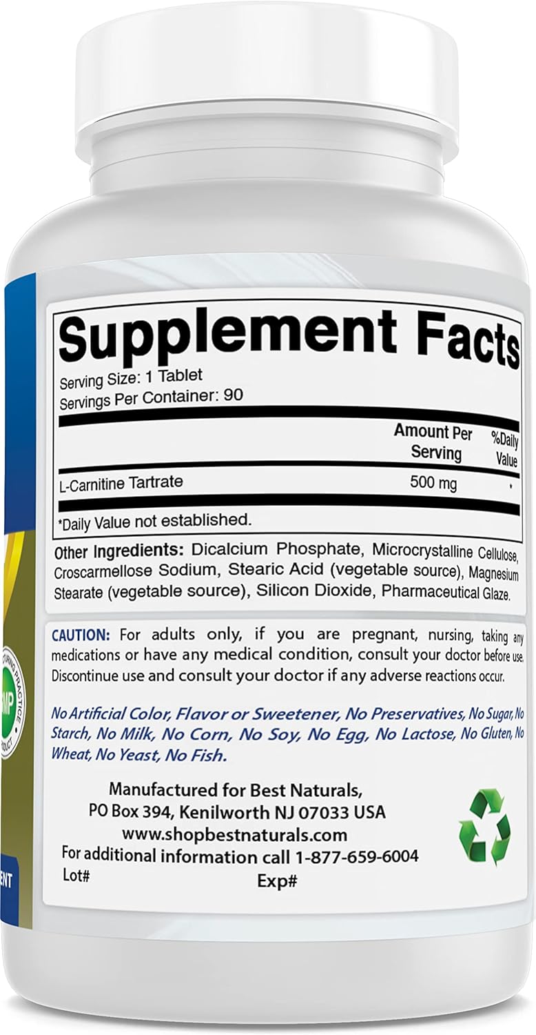Natural L-Carnitine Tartrate 500mg Tablets - 270 Count (3 Pack) - Top Quality Supplement for Energy Boost and Weight Management