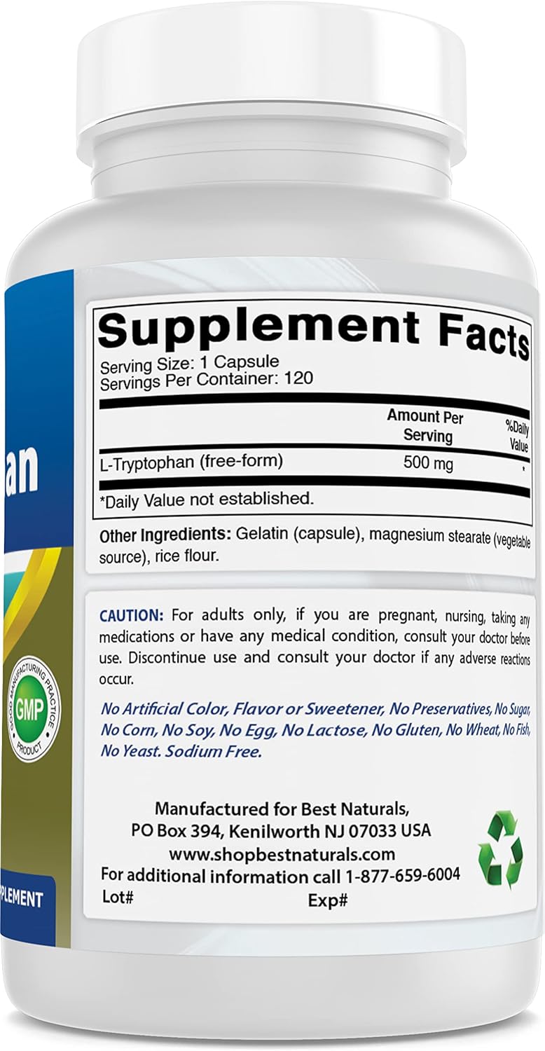 Natural L-Tryptophan Supplement - 500mg - 240 Capsules - Pack of 2 - High Quality Sleep Aid & Mood Support