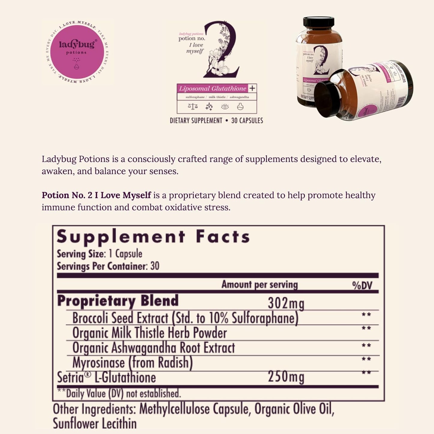Natural Ladybug Potions Immune Support Supplement with Liposomal Setria Glutathione, Organic Ashwagandha, Sulforaphane, Myrosinase, Milk Thistle - 30 Capsules for Liver Health