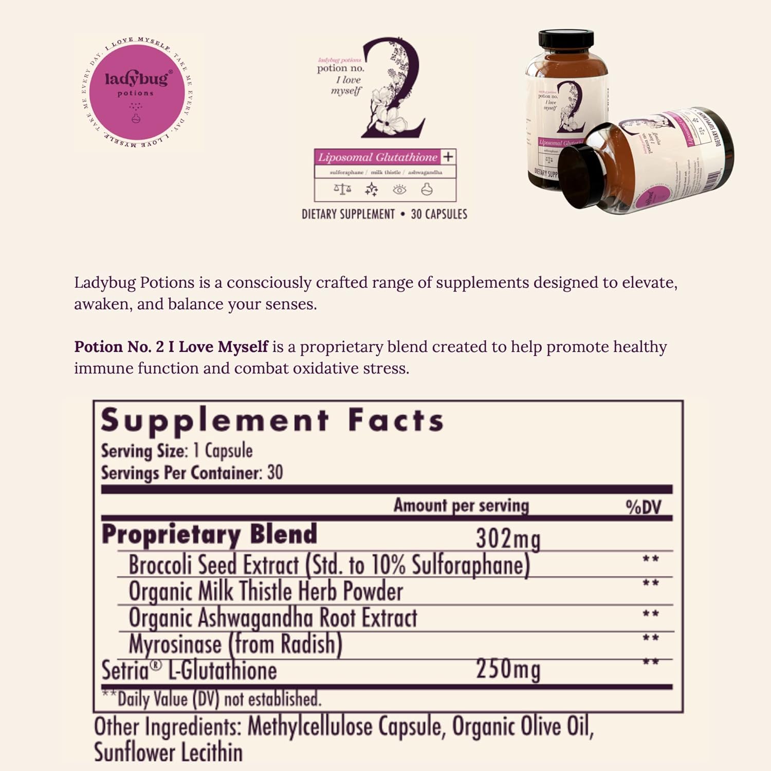 Natural Ladybug Potions Immune Support Supplement with Liposomal Setria Glutathione, Organic Ashwagandha, Sulforaphane, Myrosinase, Milk Thistle - 30 Capsules for Liver Health