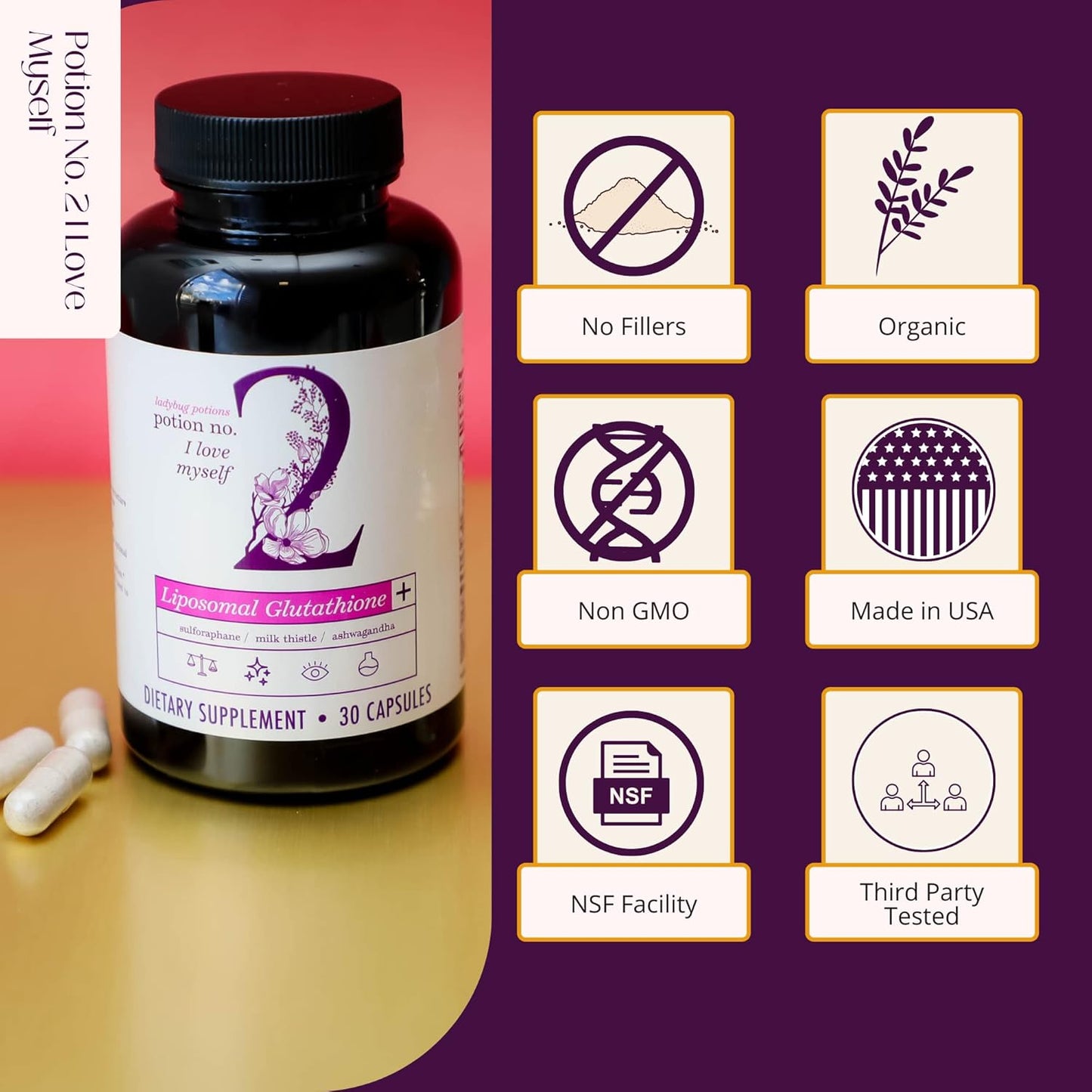 Natural Ladybug Potions Immune Support Supplement with Liposomal Setria Glutathione, Organic Ashwagandha, Sulforaphane, Myrosinase, Milk Thistle - 30 Capsules for Liver Health
