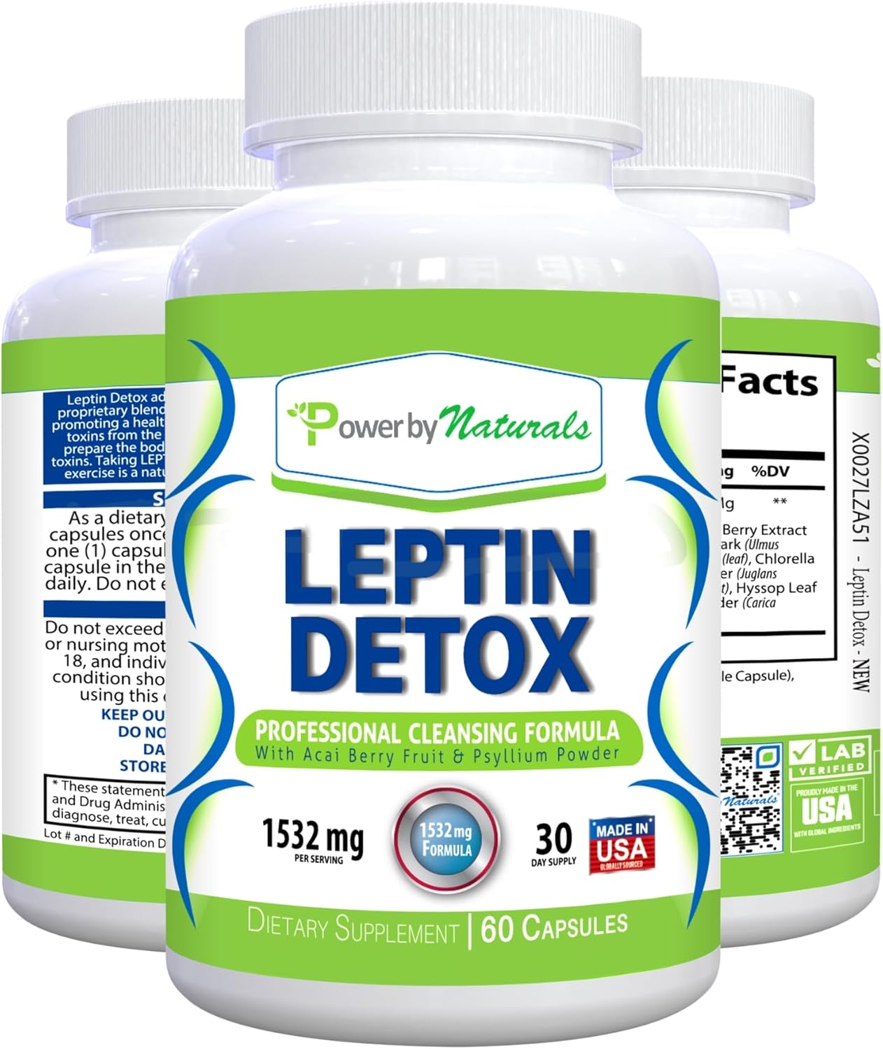 Natural Leptin Detox Cleanse for Weight Loss - Colon & Gut Cleanser with Acai Berry, 1532mg, 60 Capsules, USA-Made