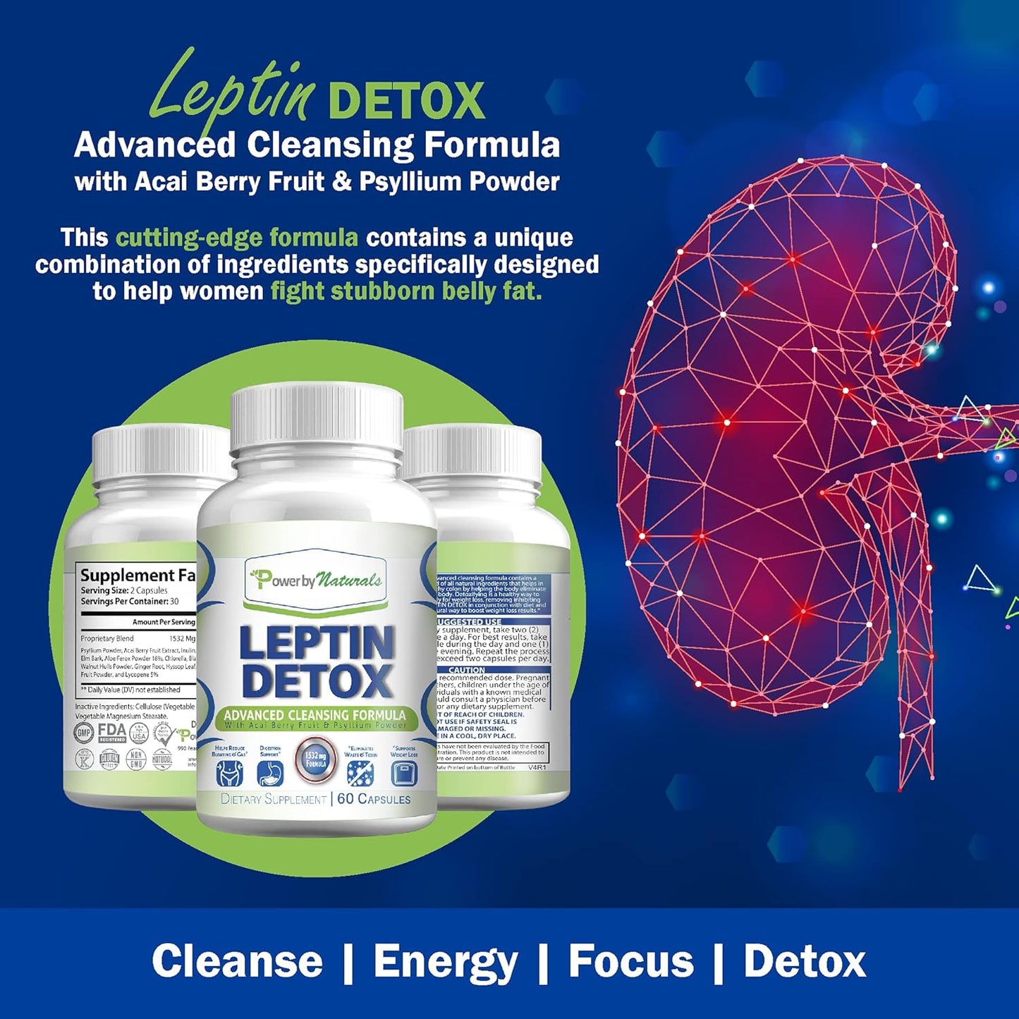 Natural Leptin Detox Cleanse for Weight Loss - Colon & Gut Cleanser with Acai Berry, 1532mg, 60 Capsules, USA-Made