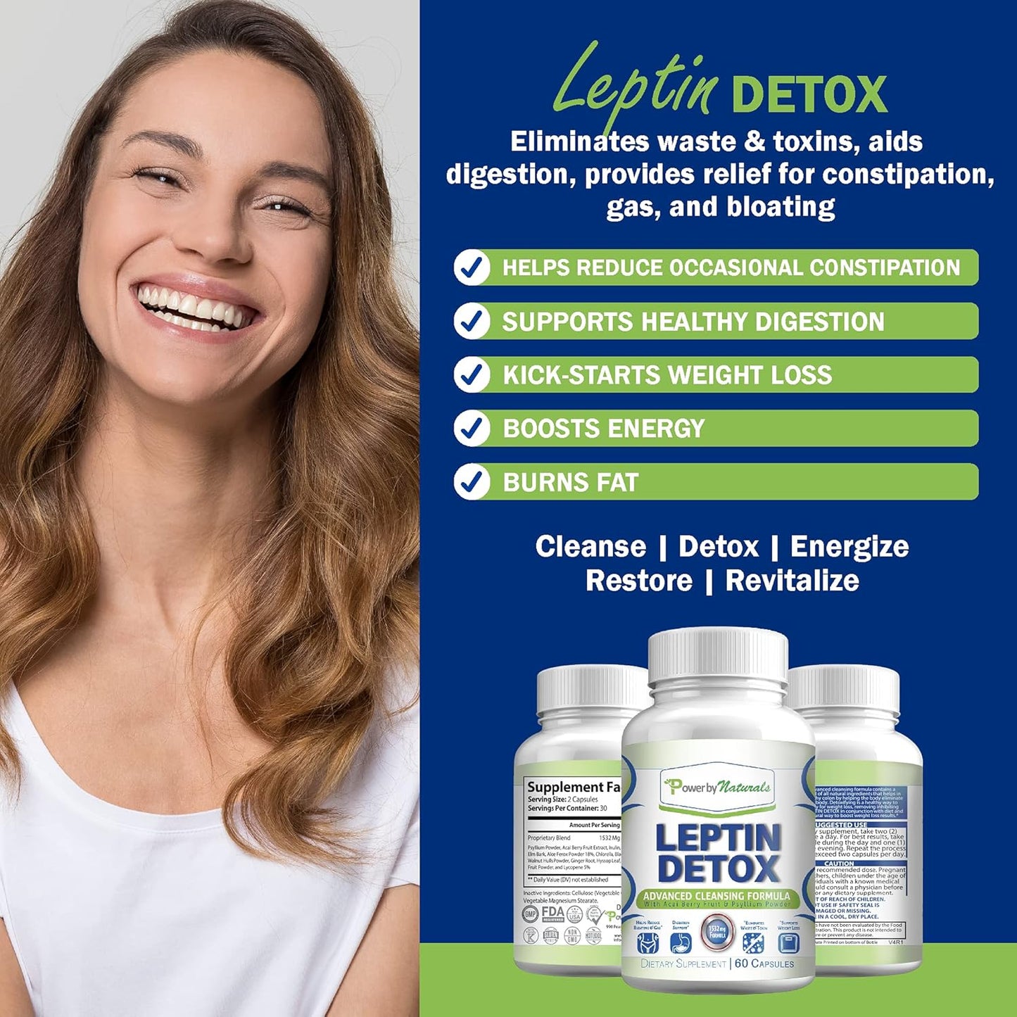 Natural Leptin Detox Cleanse for Weight Loss - Colon & Gut Cleanser with Acai Berry, 1532mg, 60 Capsules, USA-Made
