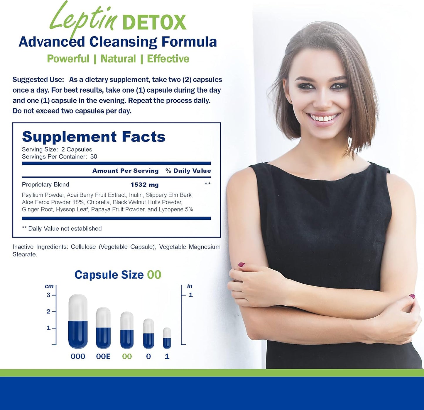 Natural Leptin Detox Cleanse for Weight Loss - Colon & Gut Cleanser with Acai Berry, 1532mg, 60 Capsules, USA-Made