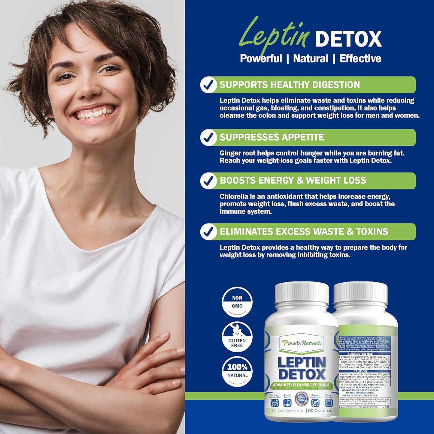 Natural Leptin Detox Cleanse for Weight Loss - Colon & Gut Cleanser with Acai Berry, 1532mg, 60 Capsules, USA-Made