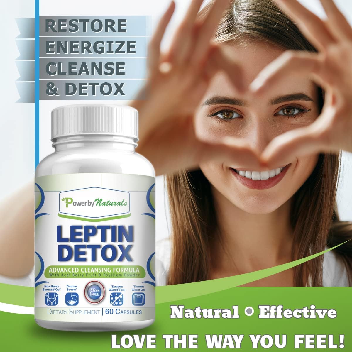Natural Leptin Detox Cleanse for Weight Loss - Colon & Gut Cleanser with Acai Berry, 1532mg, 60 Capsules, USA-Made