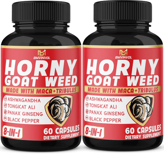 Natural Libido Booster Capsules with Horny Goat Weed, Tribulus, Ginseng, Ashwagandha, Maca, Tongkat Ali - (2 Packs) 120 Capsules