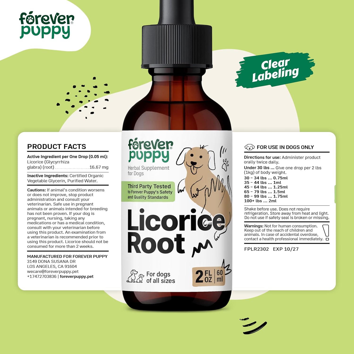 Natural Licorice Root Tincture for Dogs - Respiratory Support - Liquid Dog Vitamins - Lung Detox & Cleanse Supplement - Sugar & Alcohol-Free - 2 oz