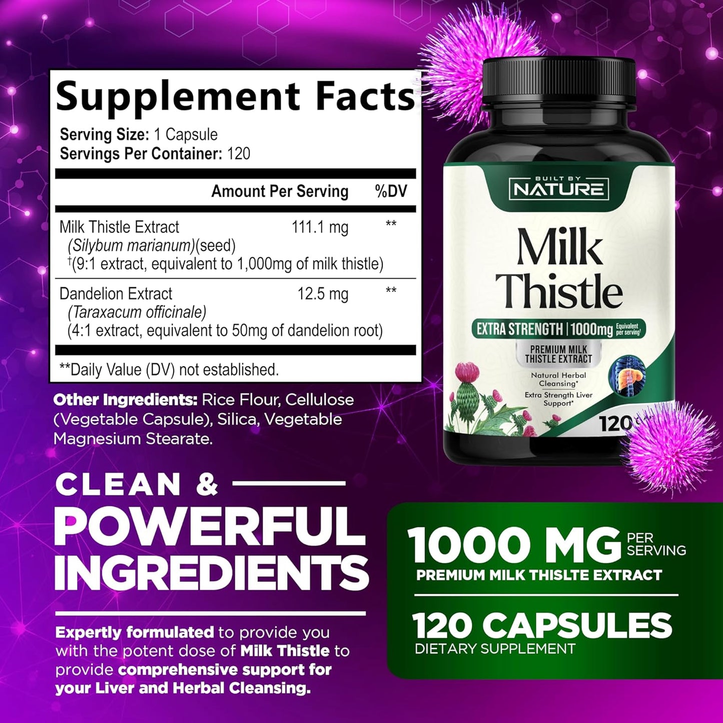 Natural Liver Detox Supplement with Milk Thistle 1000mg, Dandelion Root, Silymarin Extract - Gentle Herbal Cleanse for Men & Women - Liver Health Support - Non-GMO - 120 Veggie Capsules