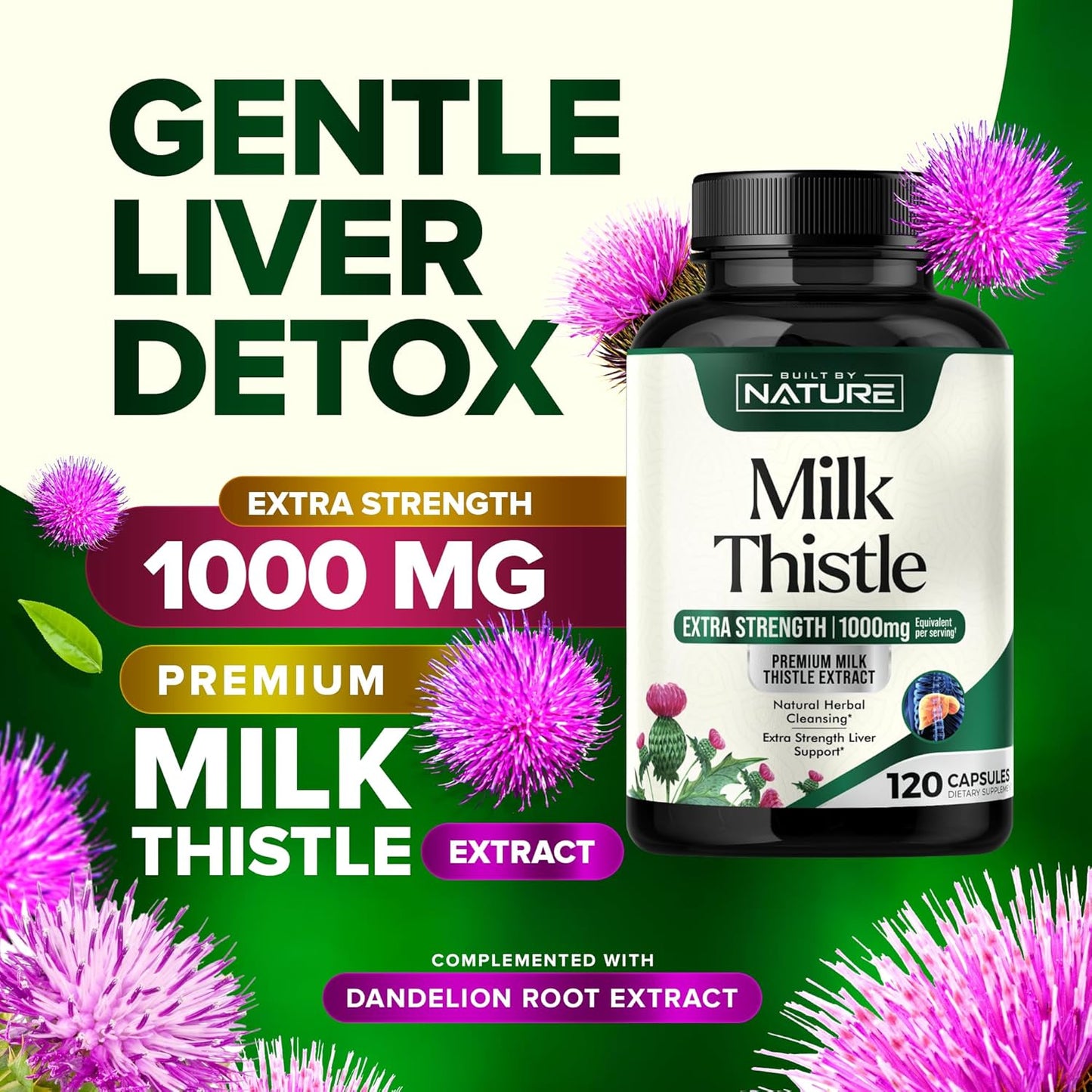 Natural Liver Detox Supplement with Milk Thistle 1000mg, Dandelion Root, Silymarin Extract - Gentle Herbal Cleanse for Men & Women - Liver Health Support - Non-GMO - 120 Veggie Capsules