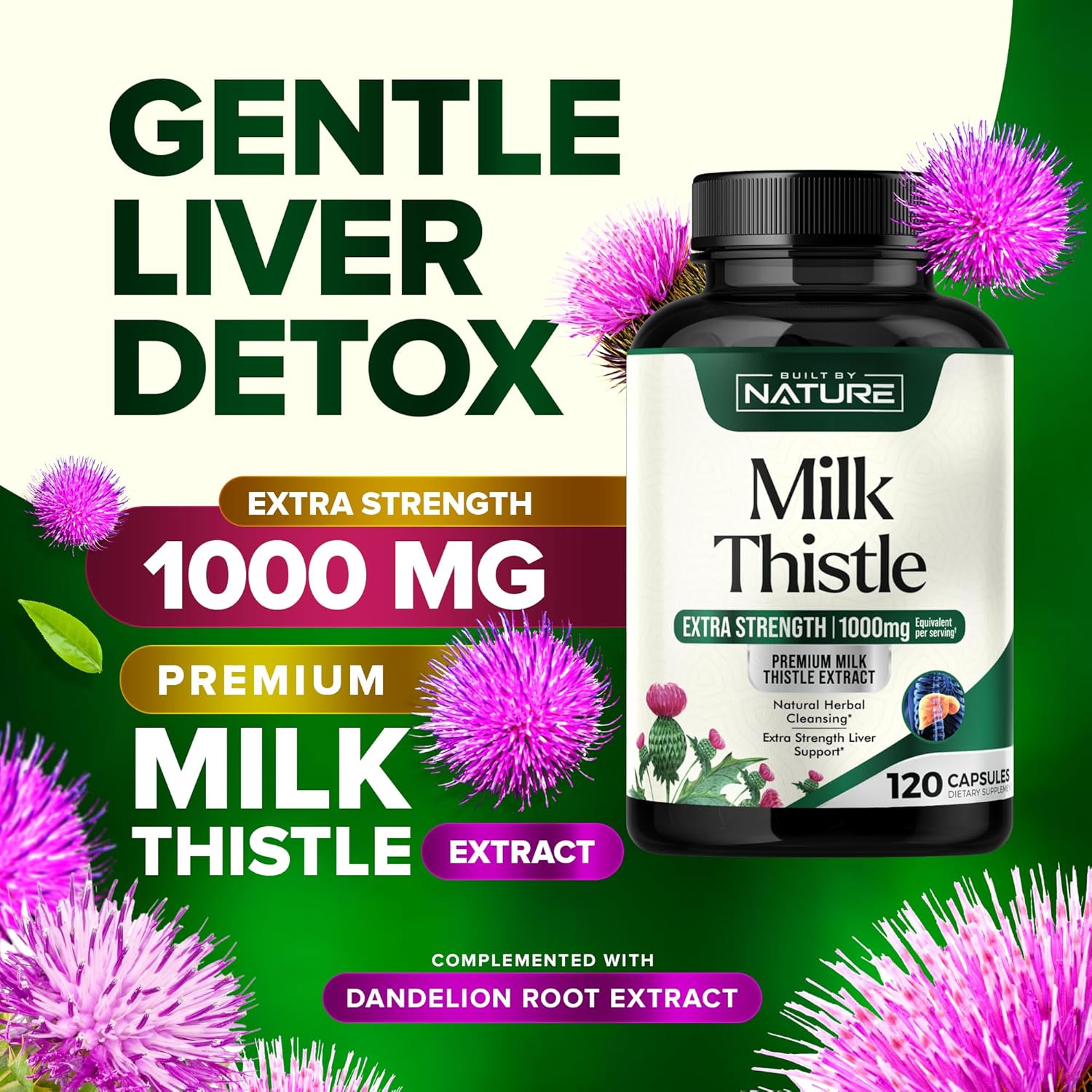 Natural Liver Detox Supplement with Milk Thistle 1000mg, Dandelion Root, Silymarin Extract - Gentle Herbal Cleanse for Men & Women - Liver Health Support - Non-GMO - 120 Veggie Capsules