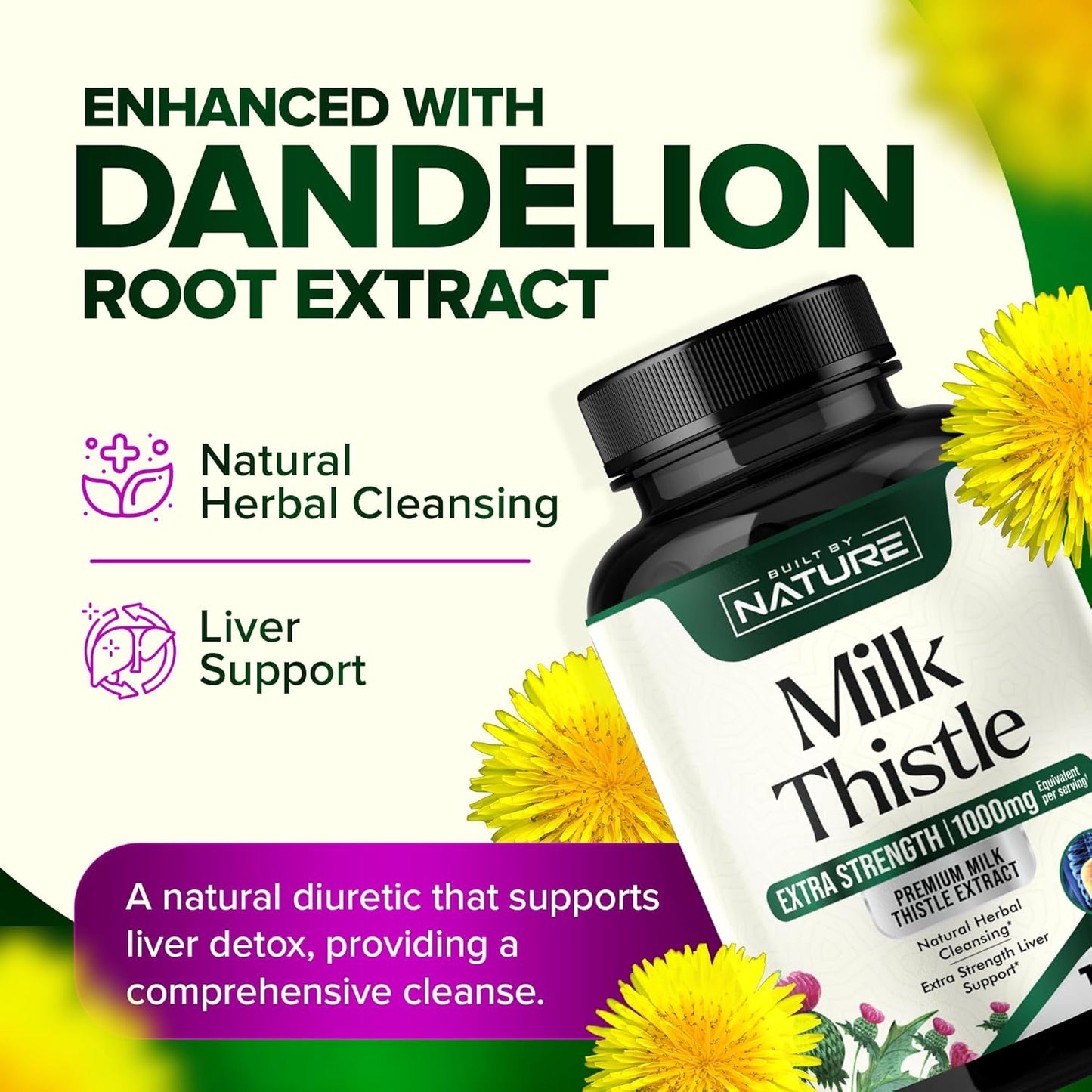 Natural Liver Detox Supplement with Milk Thistle 1000mg, Dandelion Root, Silymarin Extract - Gentle Herbal Cleanse for Men & Women - Liver Health Support - Non-GMO - 120 Veggie Capsules