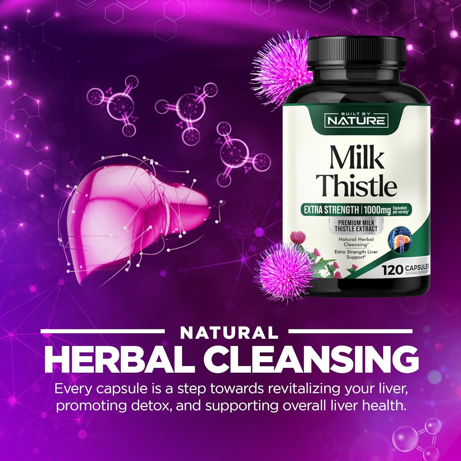 Natural Liver Detox Supplement with Milk Thistle 1000mg, Dandelion Root, Silymarin Extract - Gentle Herbal Cleanse for Men & Women - Liver Health Support - Non-GMO - 120 Veggie Capsules