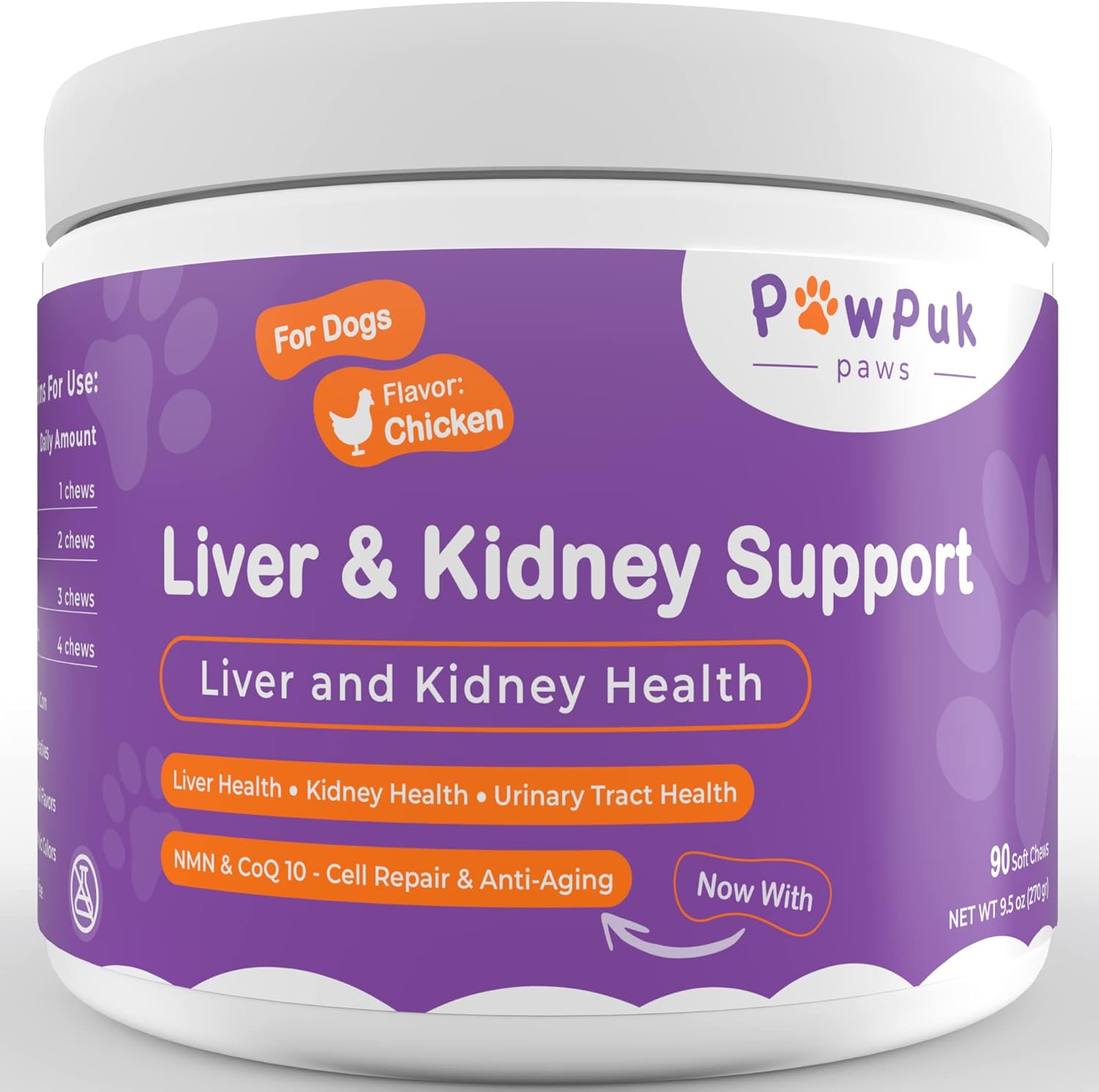 Natural Liver & Kidney Support Supplements for Dogs - SAM-E, Silymarin, NMN, CoQ10, Rehmannia, Rhubarb, Cranberry - Pawpuk Paws Anti-Aging Formula for UT Health