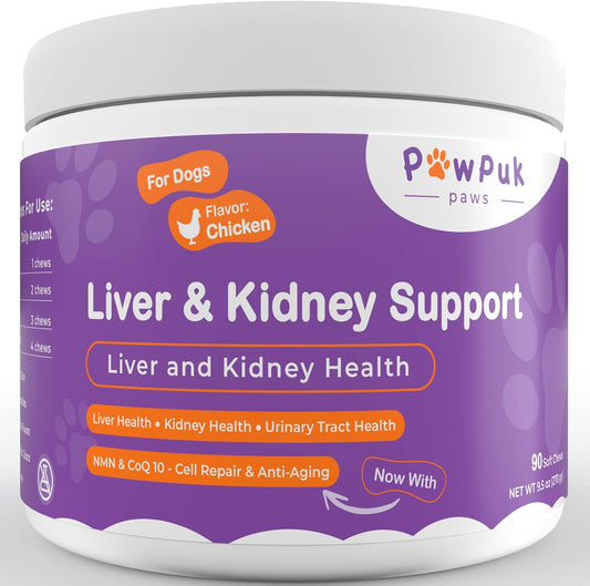 Natural Liver & Kidney Support Supplements for Dogs - SAM-E, Silymarin, NMN, CoQ10, Rehmannia, Rhubarb, Cranberry - Pawpuk Paws Anti-Aging Formula for UT Health