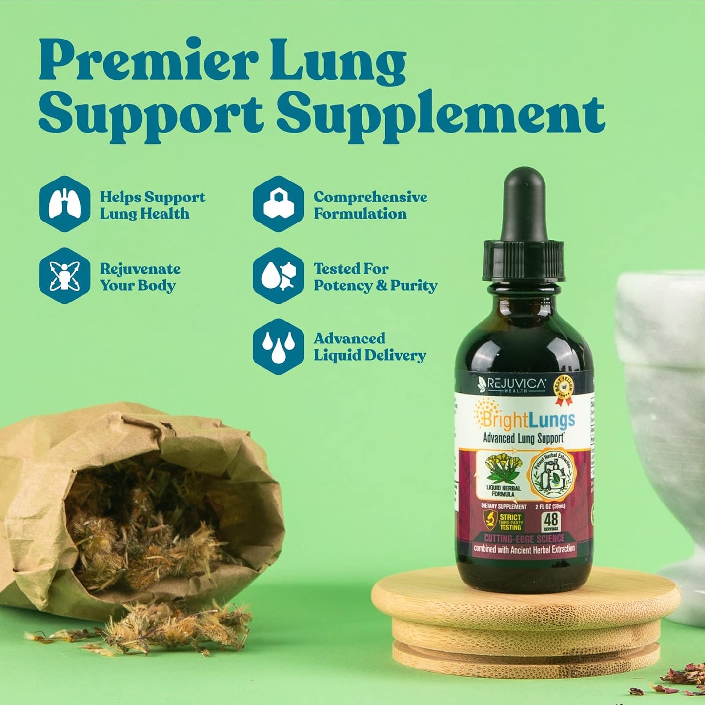 Natural Lung Detox Support Supplement - Maintain Optimal Lung & Respiratory Health with Grindelia, Lobelia, Licorice, Wild Cherry - Rejuvica Health Bright Lungs