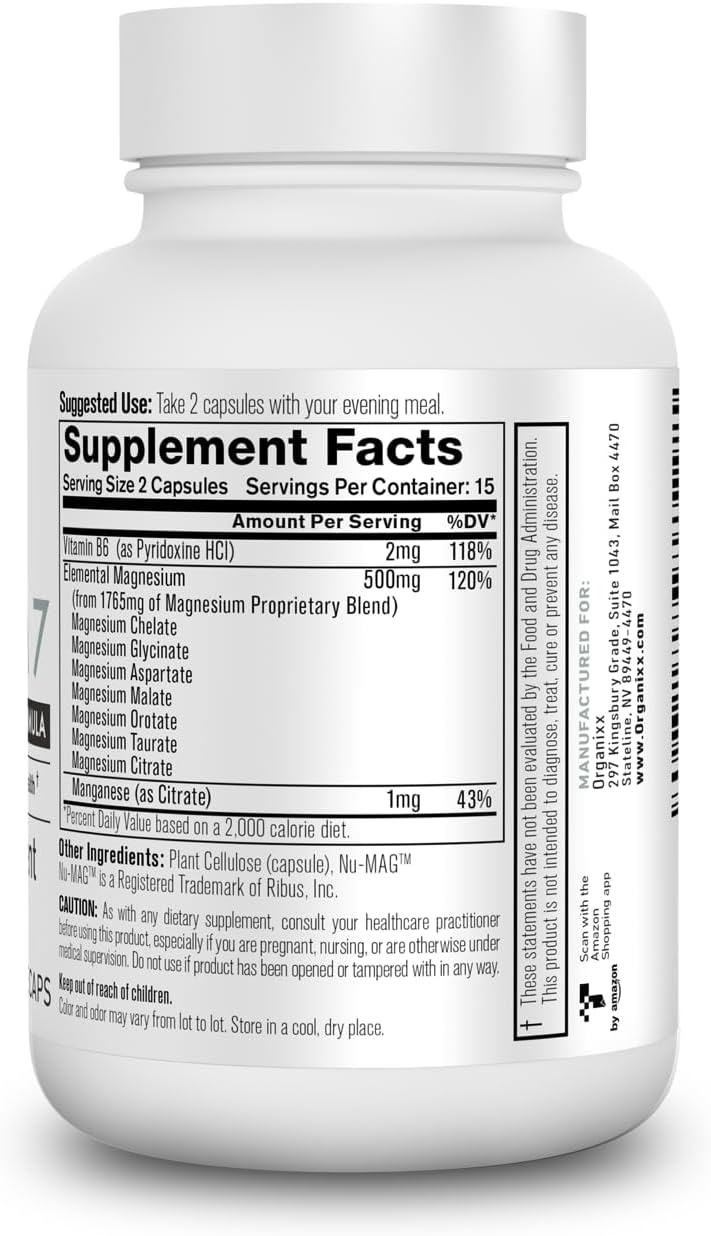 Natural Magnesium Capsules with Vitamin B6 for Sleep Support and Muscle Recovery - High Absorption, Vegan, Non GMO (30 Count)