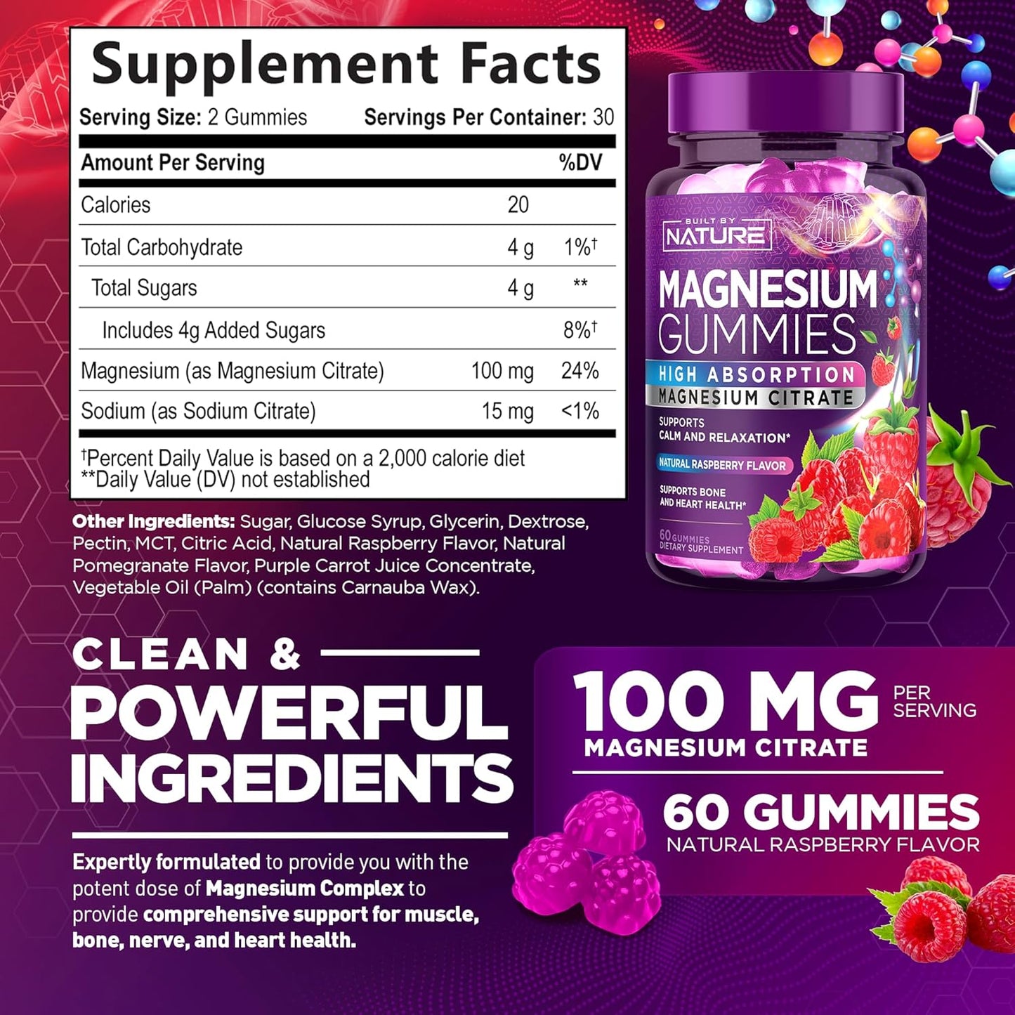 Natural Magnesium Citrate Gummies for Muscle, Nerve, Bone & Heart Support - High Absorption Supplement for Enzyme Function, Sleep Aid, and Relaxation - Vegan and Non-GMO - 60 Count