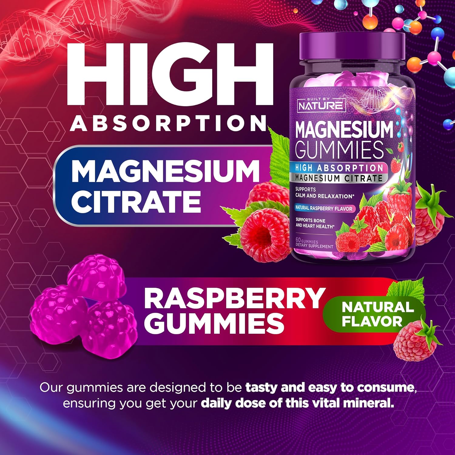 Natural Magnesium Citrate Gummies for Muscle, Nerve, Bone & Heart Support - High Absorption Supplement for Enzyme Function, Sleep Aid, and Relaxation - Vegan and Non-GMO - 60 Count