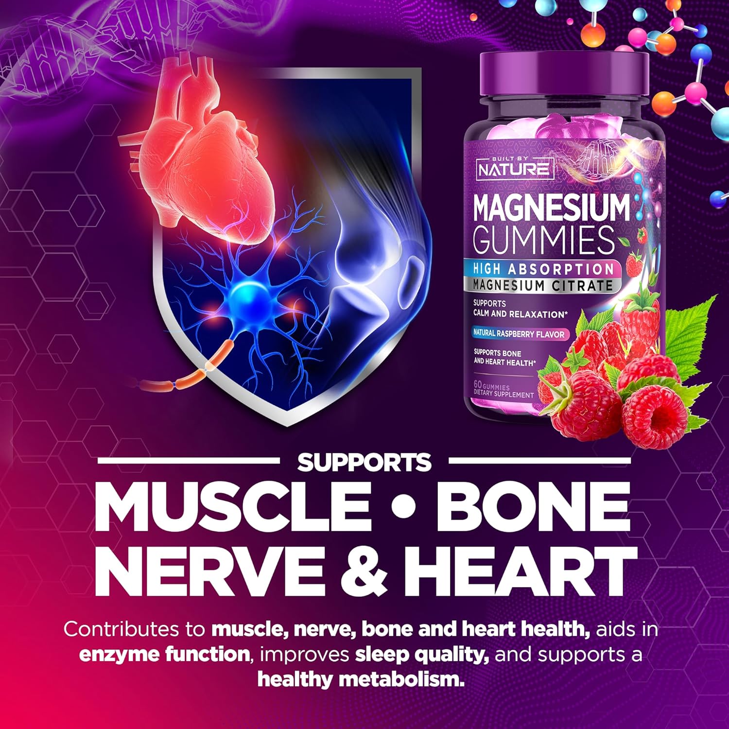 Natural Magnesium Citrate Gummies for Muscle, Nerve, Bone & Heart Support - High Absorption Supplement for Enzyme Function, Sleep Aid, and Relaxation - Vegan and Non-GMO - 60 Count