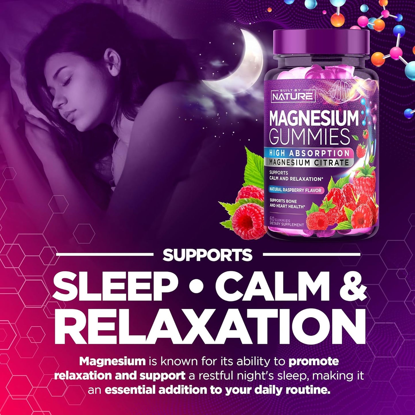 Natural Magnesium Citrate Gummies for Muscle, Nerve, Bone & Heart Support - High Absorption Supplement for Enzyme Function, Sleep Aid, and Relaxation - Vegan and Non-GMO - 60 Count