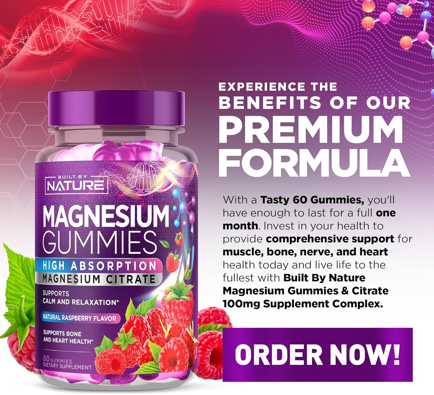 Natural Magnesium Citrate Gummies for Muscle, Nerve, Bone & Heart Support - High Absorption Supplement for Enzyme Function, Sleep Aid, and Relaxation - Vegan and Non-GMO - 60 Count