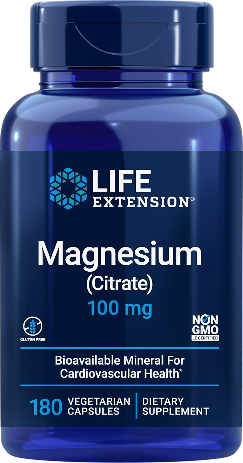 Natural Magnesium Citrate Supplement 100mg - 180 Veg Capsules - Vegan Mineral Support - Vegetarian & Non-GMO - Life Extension