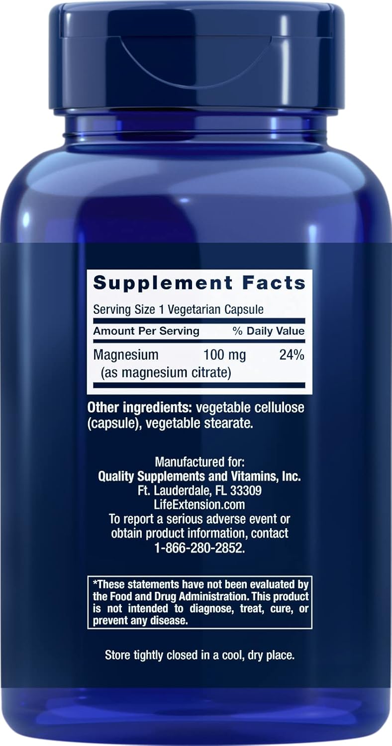 Natural Magnesium Citrate Supplement 100mg - 180 Veg Capsules - Vegan Mineral Support - Vegetarian & Non-GMO - Life Extension