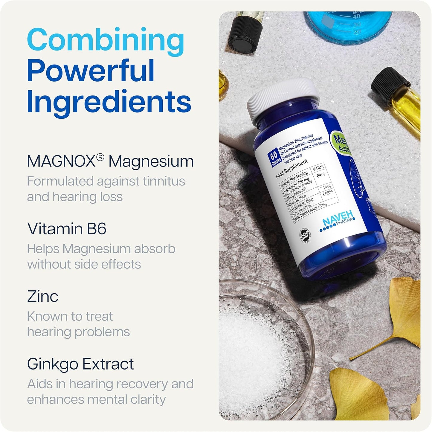 Natural Magnesium Complex for Tinnitus Relief | High Absorption Magnesium Supplement with Dead Sea Minerals | 60 Capsules for Ringing Ears