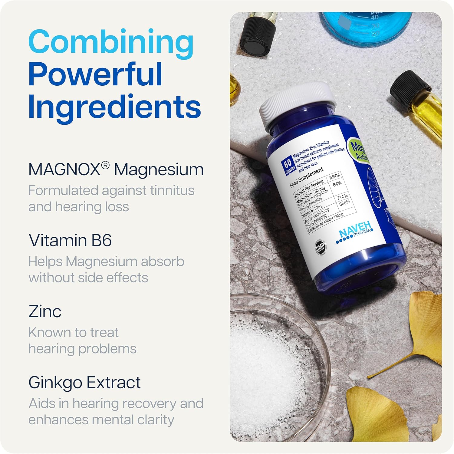 Natural Magnesium Complex for Tinnitus Relief | High Absorption Magnesium Supplement with Dead Sea Minerals | 60 Capsules for Ringing Ears