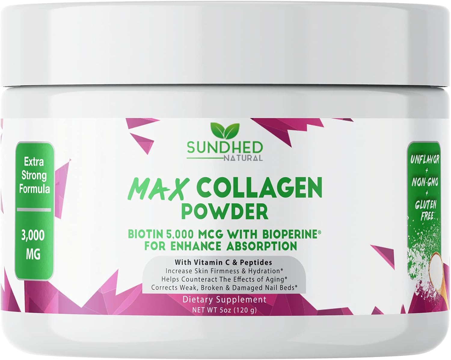 Natural Max Collagen Plus C Powder - Anti Aging Hydration & Skin Firmness - 30 Day Supply with Biotin, Bioperine, Vitamin C - Strengthen Bones & Nails