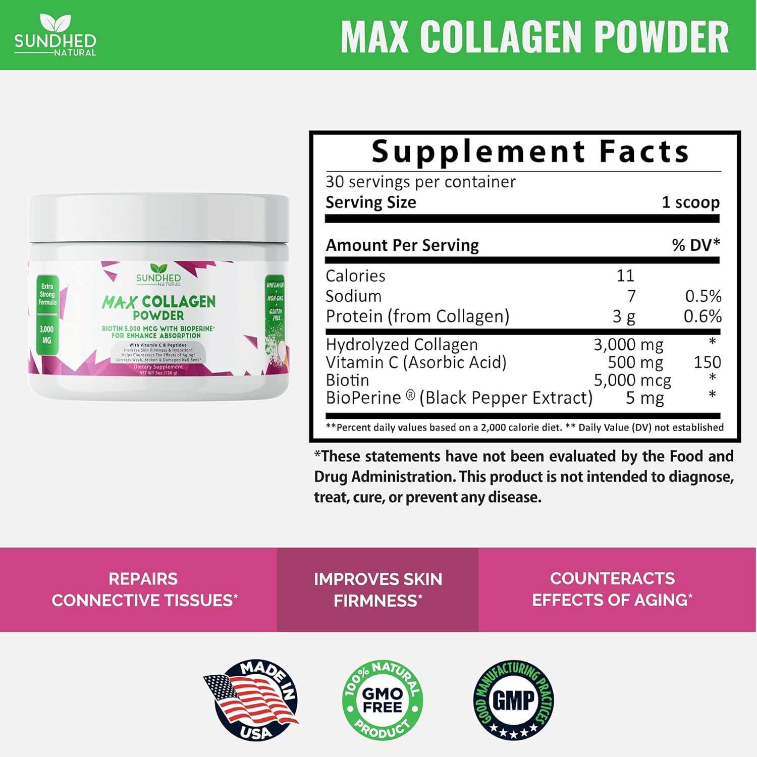 Natural Max Collagen Plus C Powder - Anti Aging Hydration & Skin Firmness - 30 Day Supply with Biotin, Bioperine, Vitamin C - Strengthen Bones & Nails