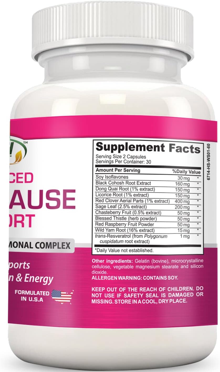 Natural Menopause Relief Supplement - Herbal Complex for Hot Flashes, Mood Swings & Dryness - Black Cohosh, Soy Isoflavones - Hormone-Free Formula