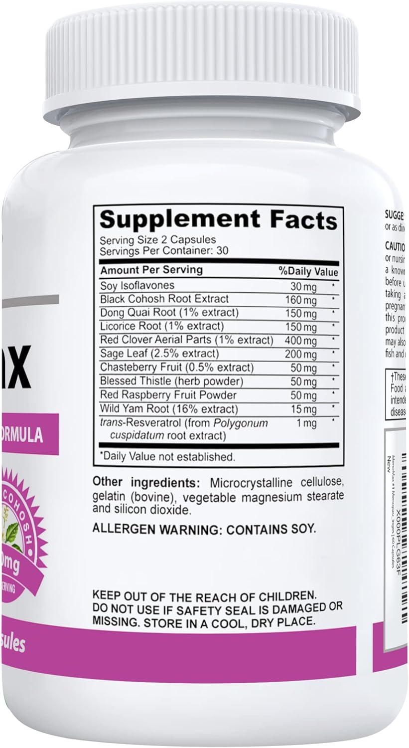 Natural Menopause Relief Supplement with Black Cohosh, Dong Quai, Vitex Agnus, Red Clover, Sage, Soy, Wild Yam - 60 Capsules for Hot Flashes, Night Sweats, Dryness, Mood Swings
