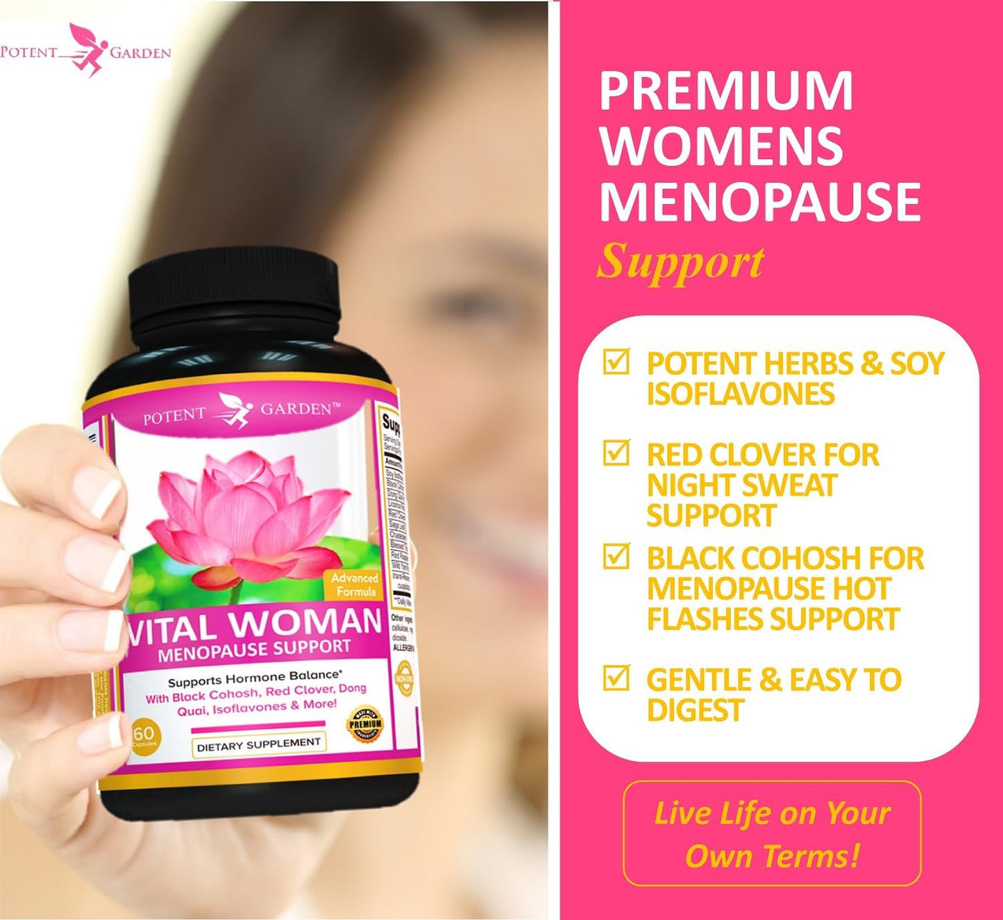 Natural Menopause Relief Supplement with Black Cohosh, Soy Isoflavones, & Don Quai - Hot Flash & Night Sweats Relief for Women - Non-GMO - 60 Capsules