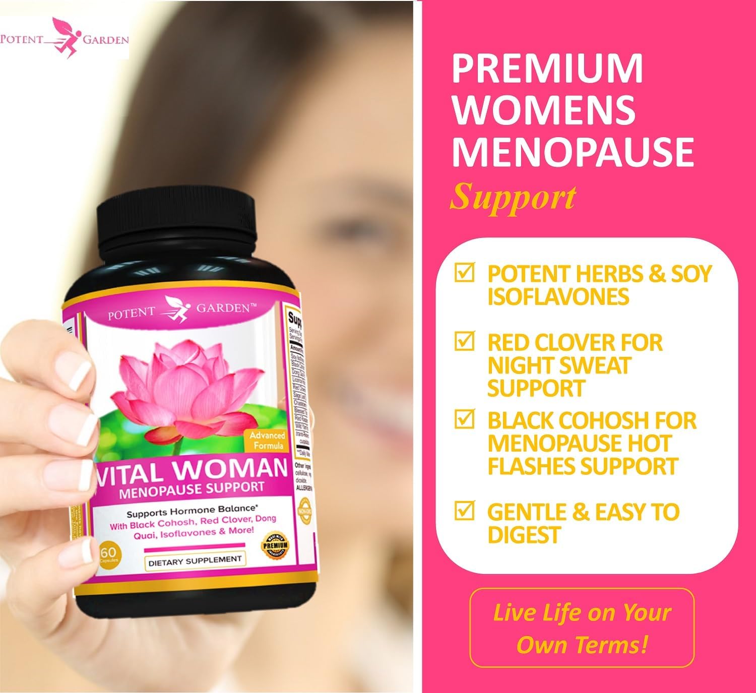 Natural Menopause Relief Supplement with Black Cohosh, Soy Isoflavones, & Don Quai - Hot Flash & Night Sweats Relief for Women - Non-GMO - 60 Capsules