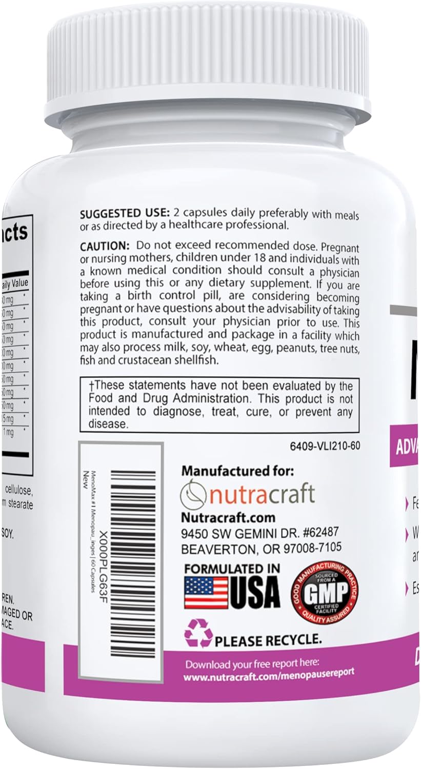 Natural Menopause Relief Supplement with Black Cohosh, Dong Quai, Vitex Agnus, Red Clover, Sage, Soy, Wild Yam - 60 Capsules for Hot Flashes, Night Sweats, Dryness, Mood Swings