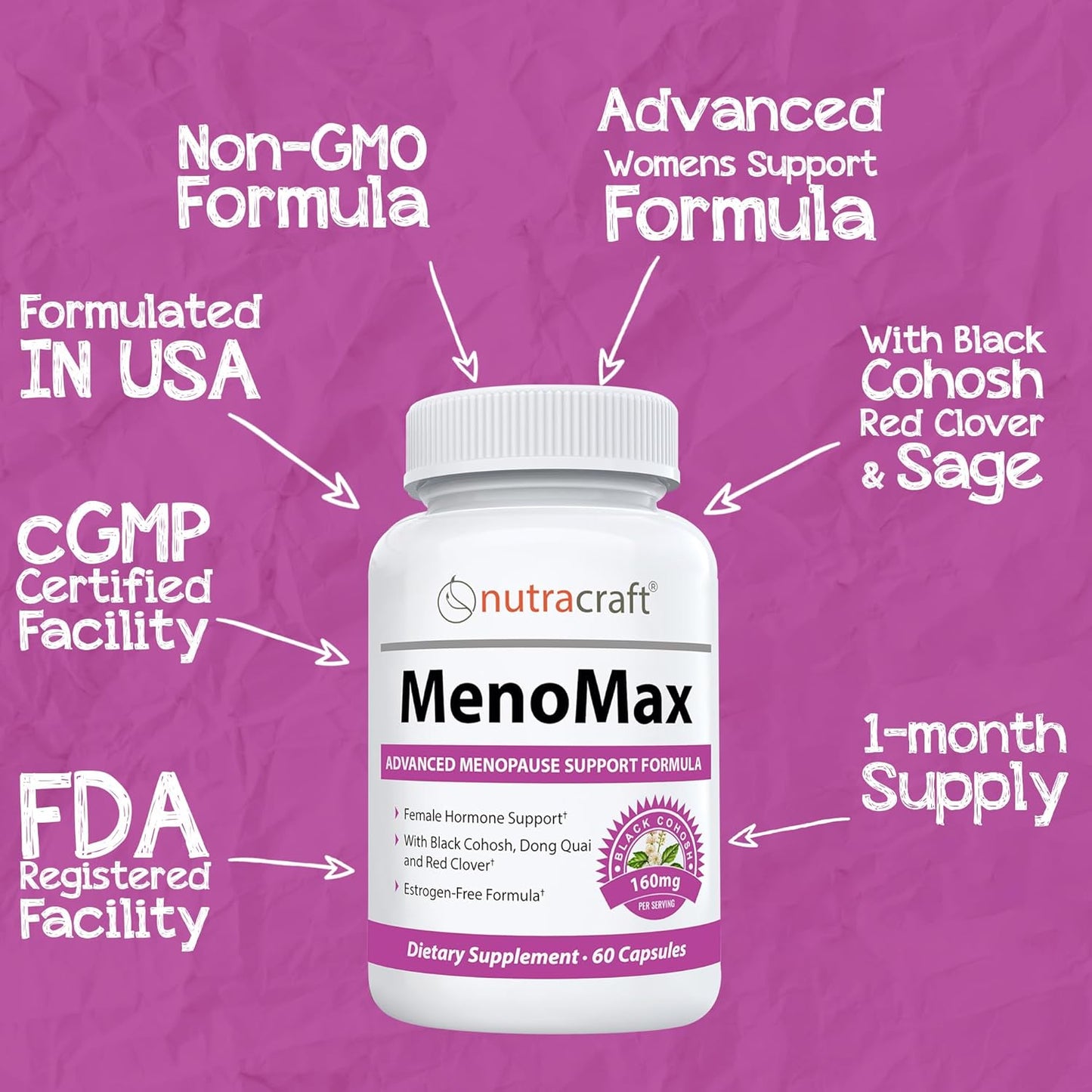 Natural Menopause Relief Supplement with Black Cohosh, Dong Quai, Vitex Agnus, Red Clover, Sage, Soy, Wild Yam - 60 Capsules for Hot Flashes, Night Sweats, Dryness, Mood Swings