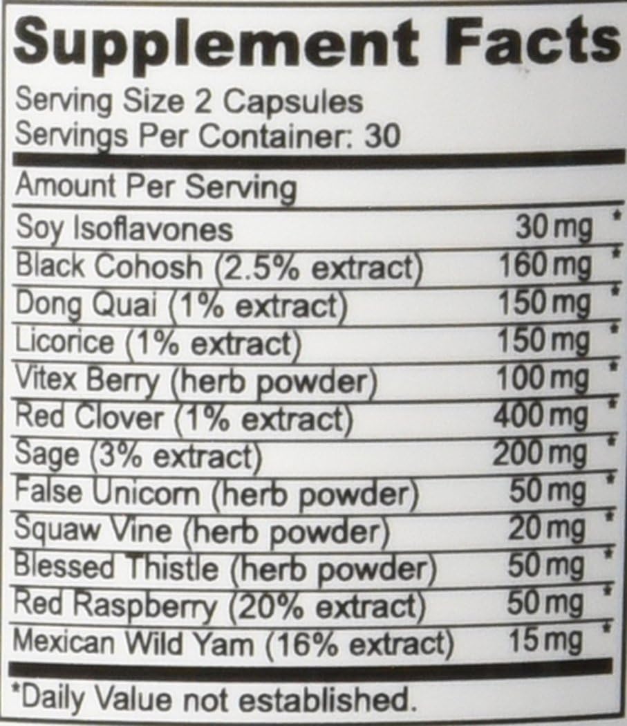 Natural Menopause Relief Supplement with Black Cohosh, Dong Quai, Vitex Agnus, Red Clover, Sage, Soy, Wild Yam - 60 Capsules for Hot Flashes, Night Sweats, Dryness, Mood Swings