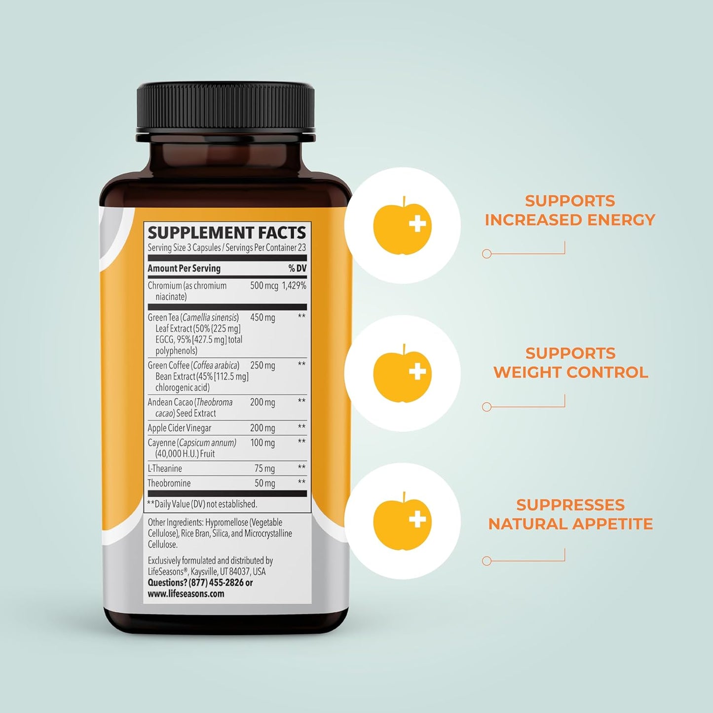 Natural Metabolism & Energy Support Supplement for Weight Control - Appetite Suppressant with Green Tea, Coffee Bean, Chromium, Cacao & Theobromine - 70 Capsules