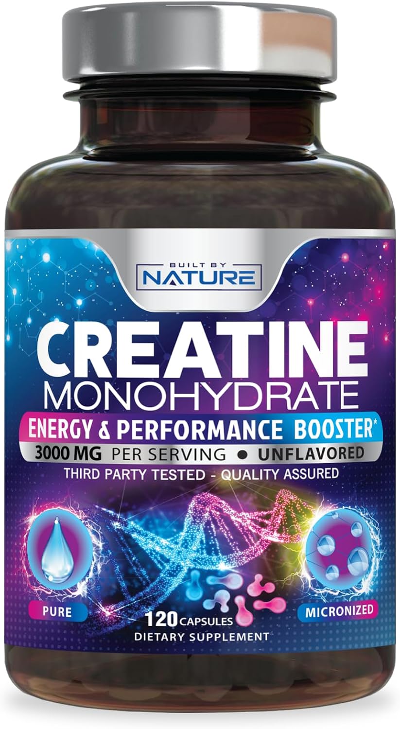 Natural Micronized Creatine Monohydrate Capsules for Muscle Strength, Energy & Recovery - Gluten-Free, Vegan, Non-GMO - 120 Pills