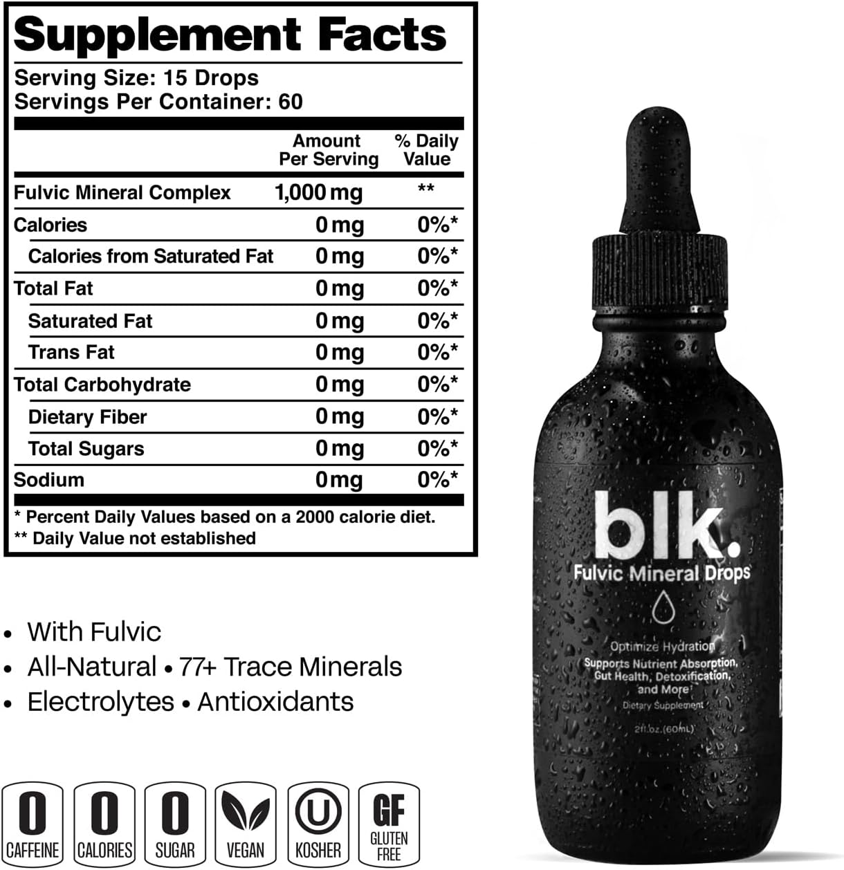 Natural Mineral Alkaline Water Drops with Electrolytes, Fulvic, Amino Acids - Zero Sugar - 2oz